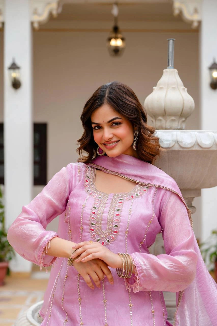 Light Pink Beads Work Suit Back View – Covered Back Design