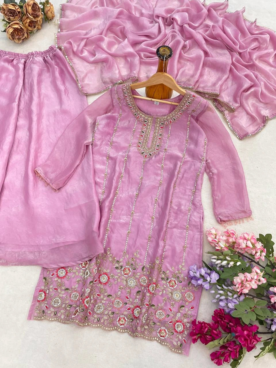 Light Pink Beads Work Suit Flat Lay – Complete Set with Palazzo and Dupatta