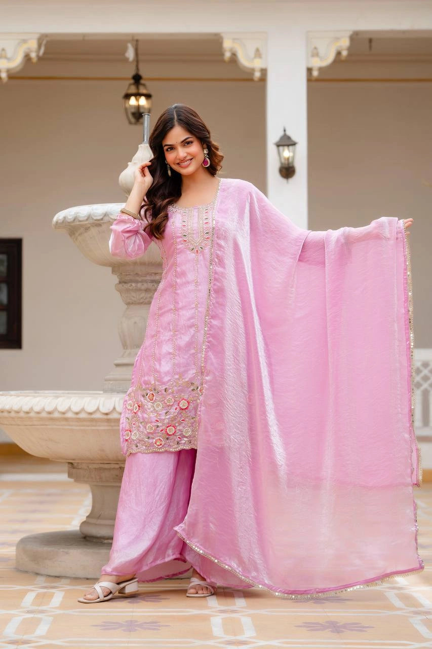 Light Pink Beads Work Suit Front Pose – Beads Work Detail | Kalyanja