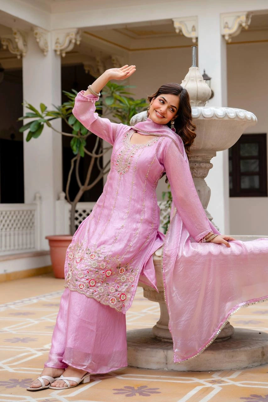 Light Pink Beads Work Suit Side Profile – Palazzo Set with Embroidered Dupatta