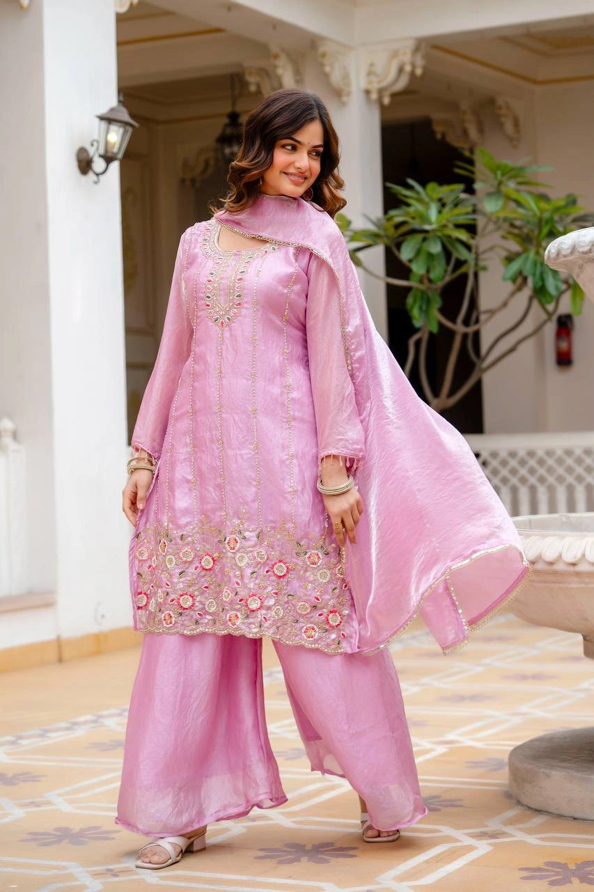 Light Pink Beads Work Suit – Model Pose Showing Palazzo Length