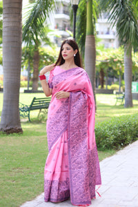 Light Pink Traditional Weaving Banglori Raw Silk Saree