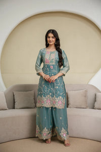 Light Sea Green Sequins Embroidered Suit – Palazzo, 3/4th Sleeve