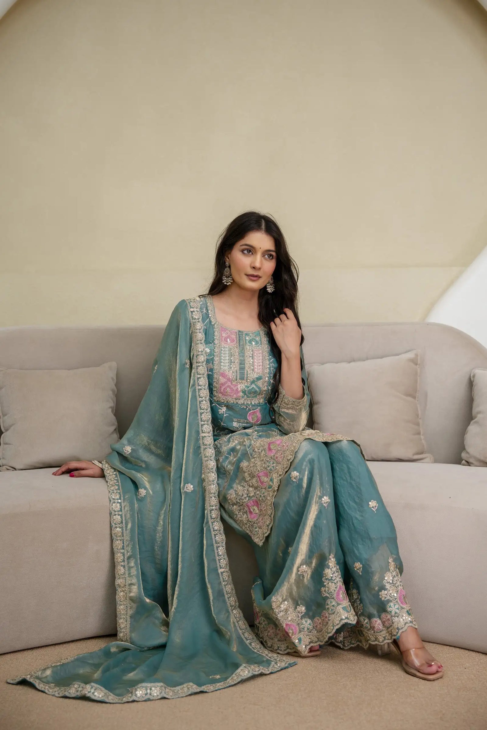 Light Sea Green Sequins Embroidered Suit KU253 neckline yoke detail