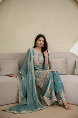 Light Sea Green Sequins Embroidered Suit KU253 neckline yoke detail