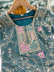 Light Sea Green Sequins Embroidered Suit KU253 hem border embroidery