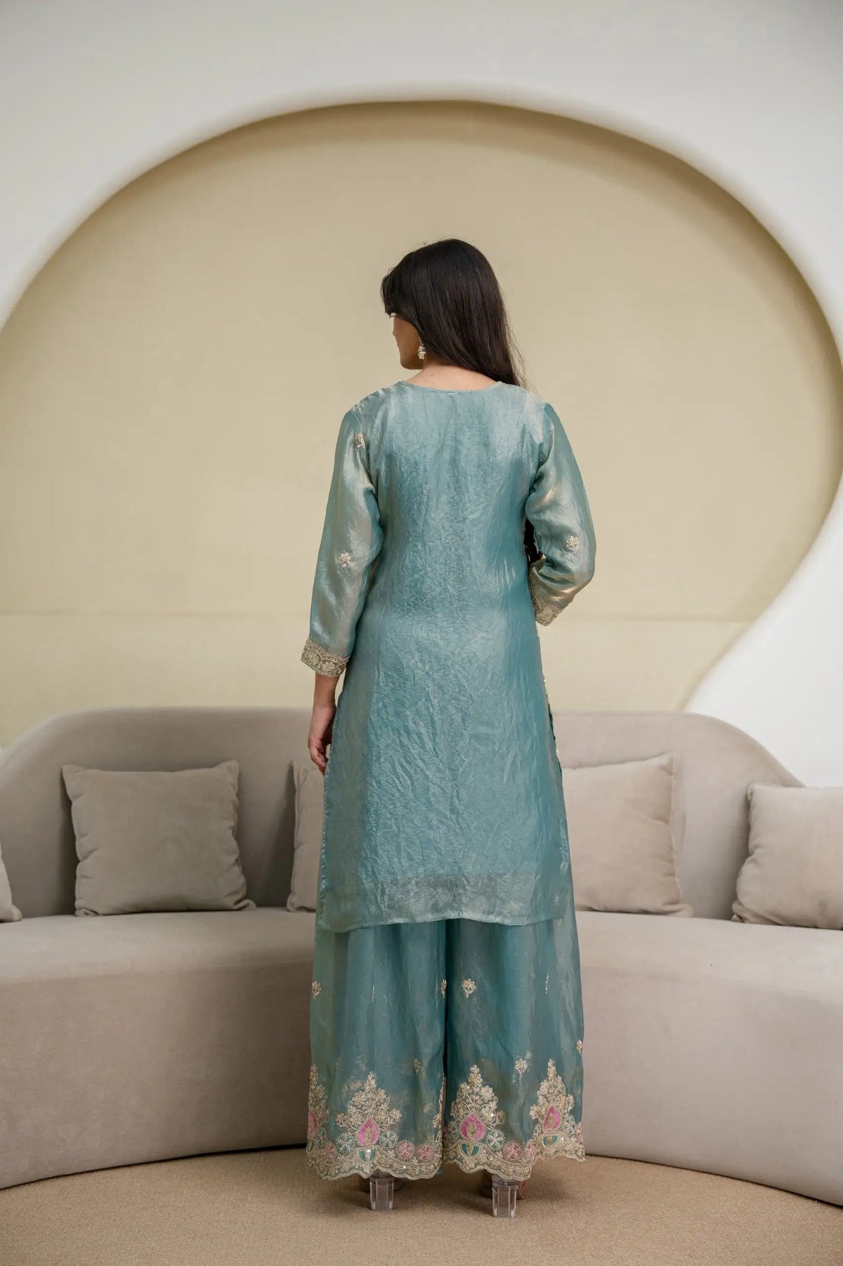 Light Sea Green Sequins Embroidered Suit KU253 back view covered back design