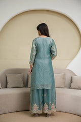 Light Sea Green Sequins Embroidered Suit KU253 back view covered back design