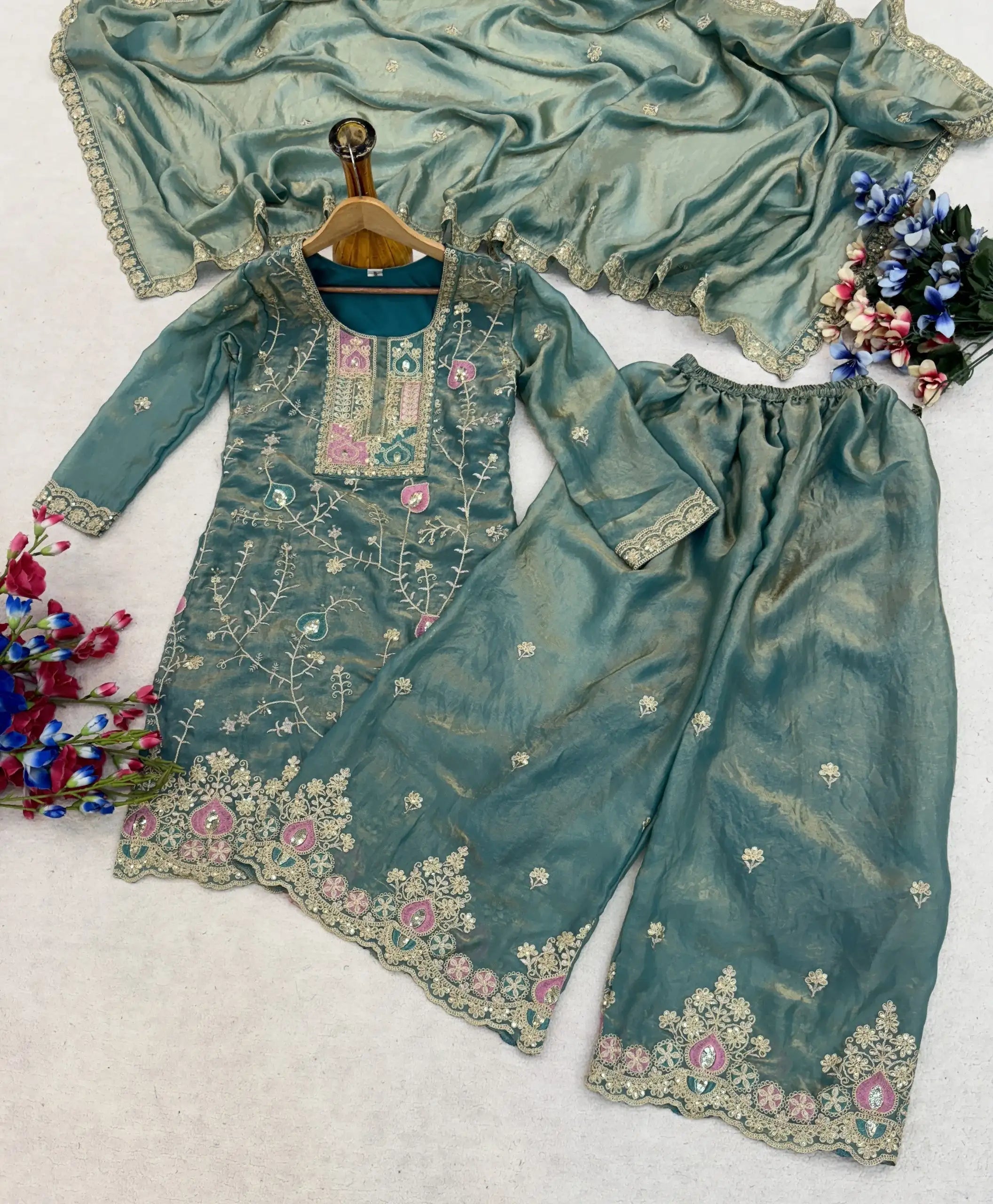 Light Sea Green Sequins Embroidered Suit Palazzo Dupatta KU253 flat lay complete set