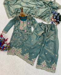Light Sea Green Sequins Embroidered Suit Palazzo Dupatta KU253 flat lay complete set