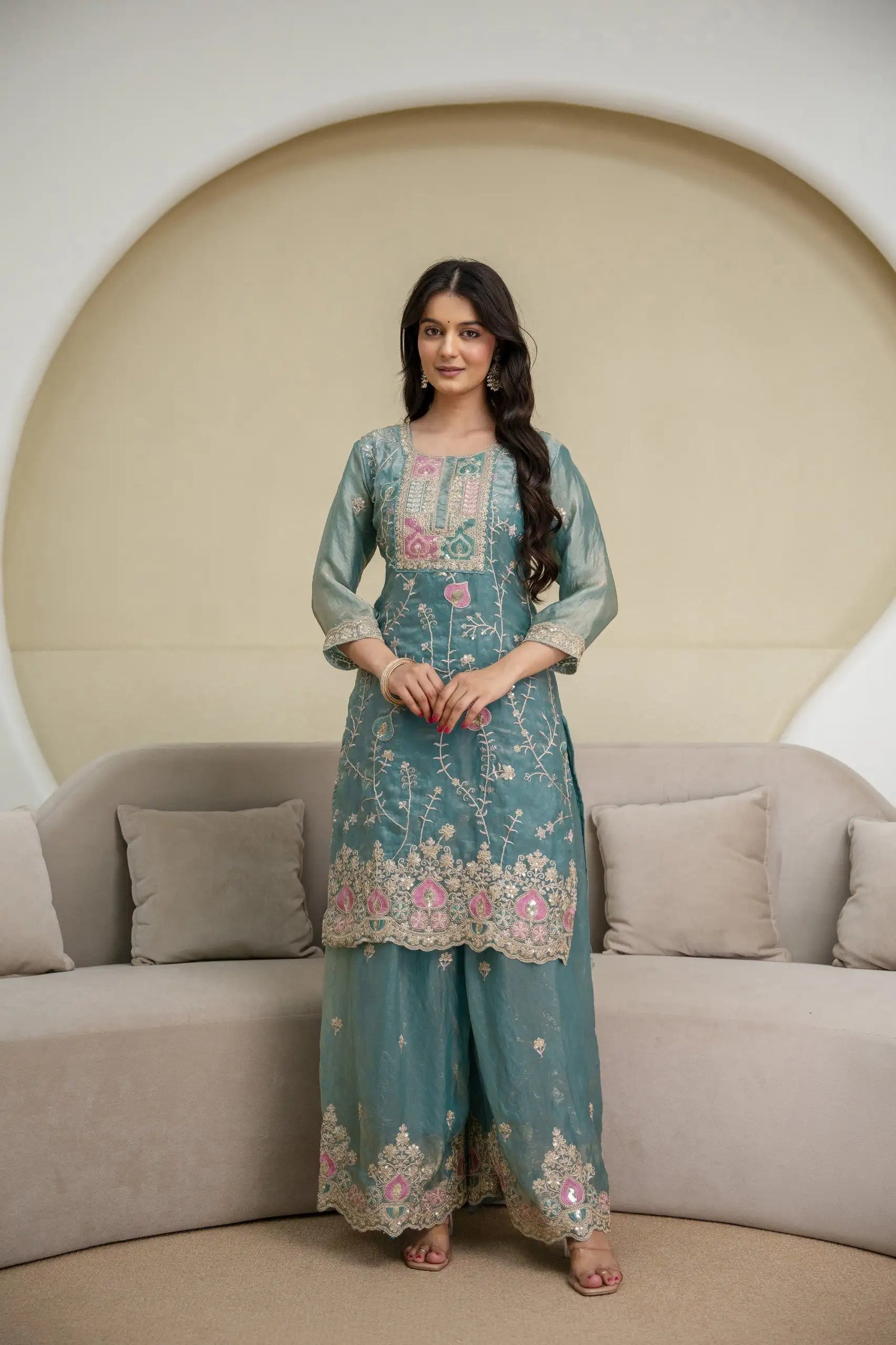 Light Sea Green Sequins Embroidered Suit with Palazzo - KU253 front view
