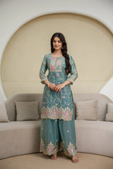 Light Sea Green Sequins Embroidered Suit with Palazzo - KU253 front view