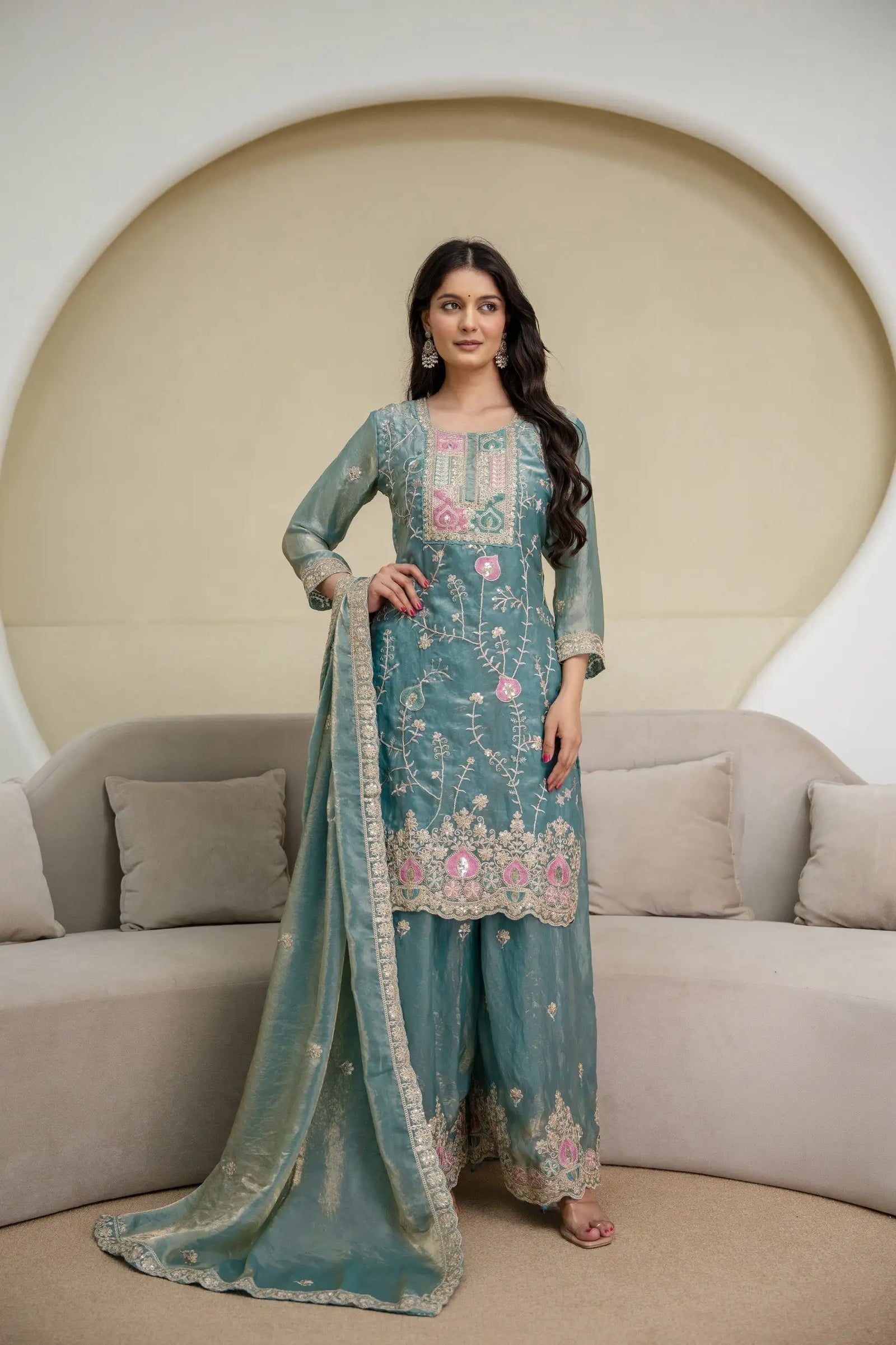 Light Sea Green Sequins Embroidered Palazzo Suit Kalyanja KU253 full length