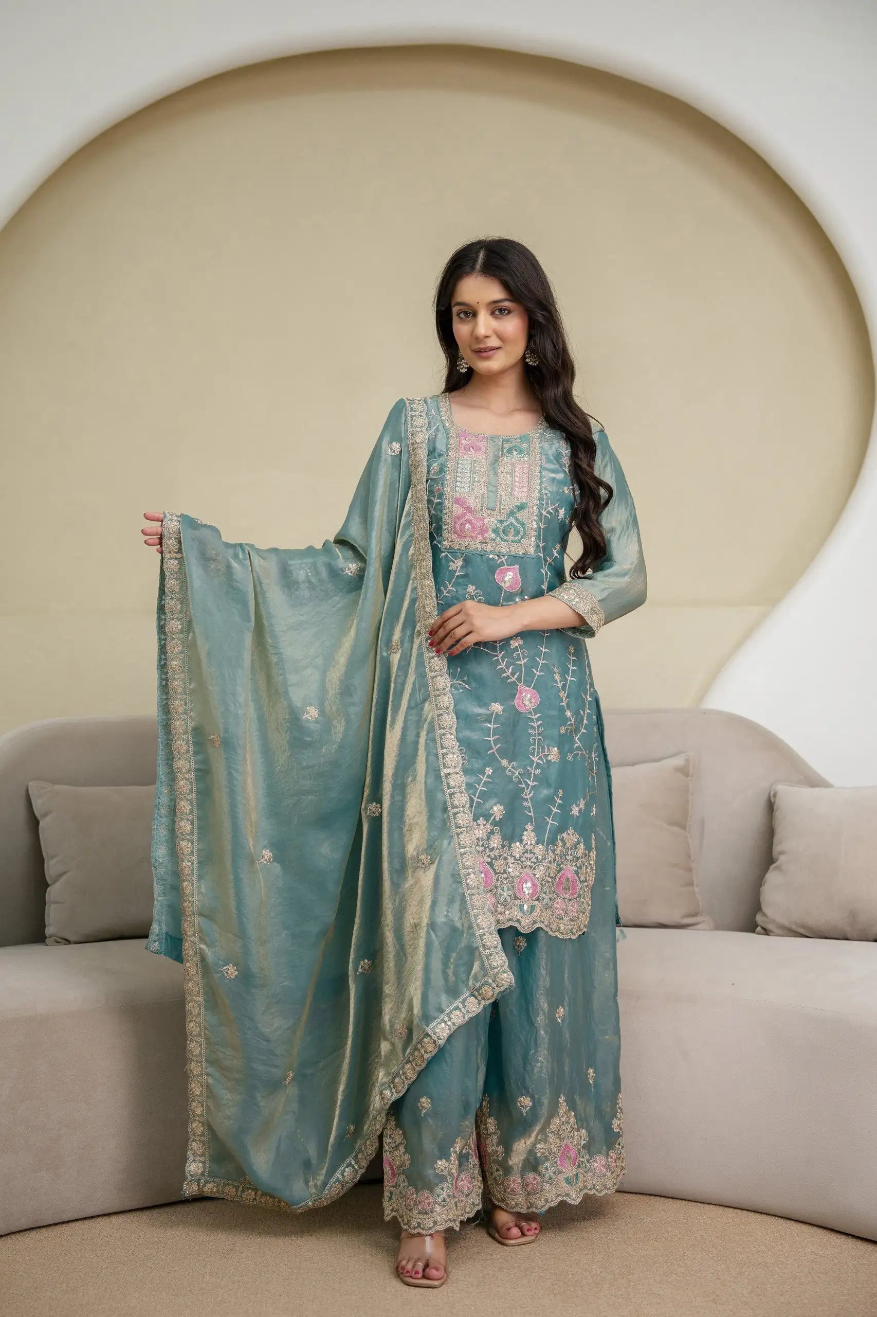 Light Sea Green Fendy Silk Blend Suit KU253 standing model front shot