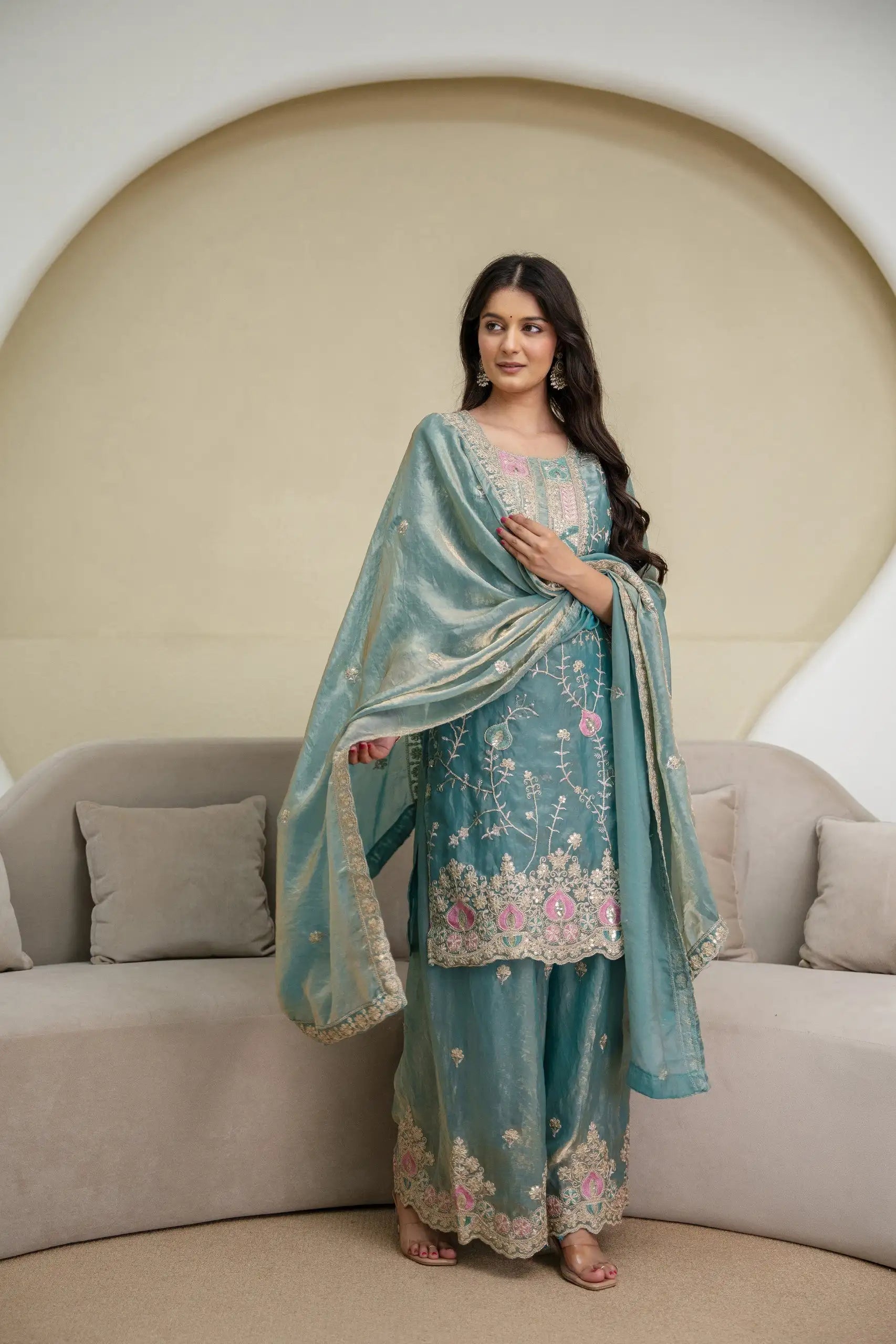 Light Sea Green Sequins Embroidered Suit KU253 side pose