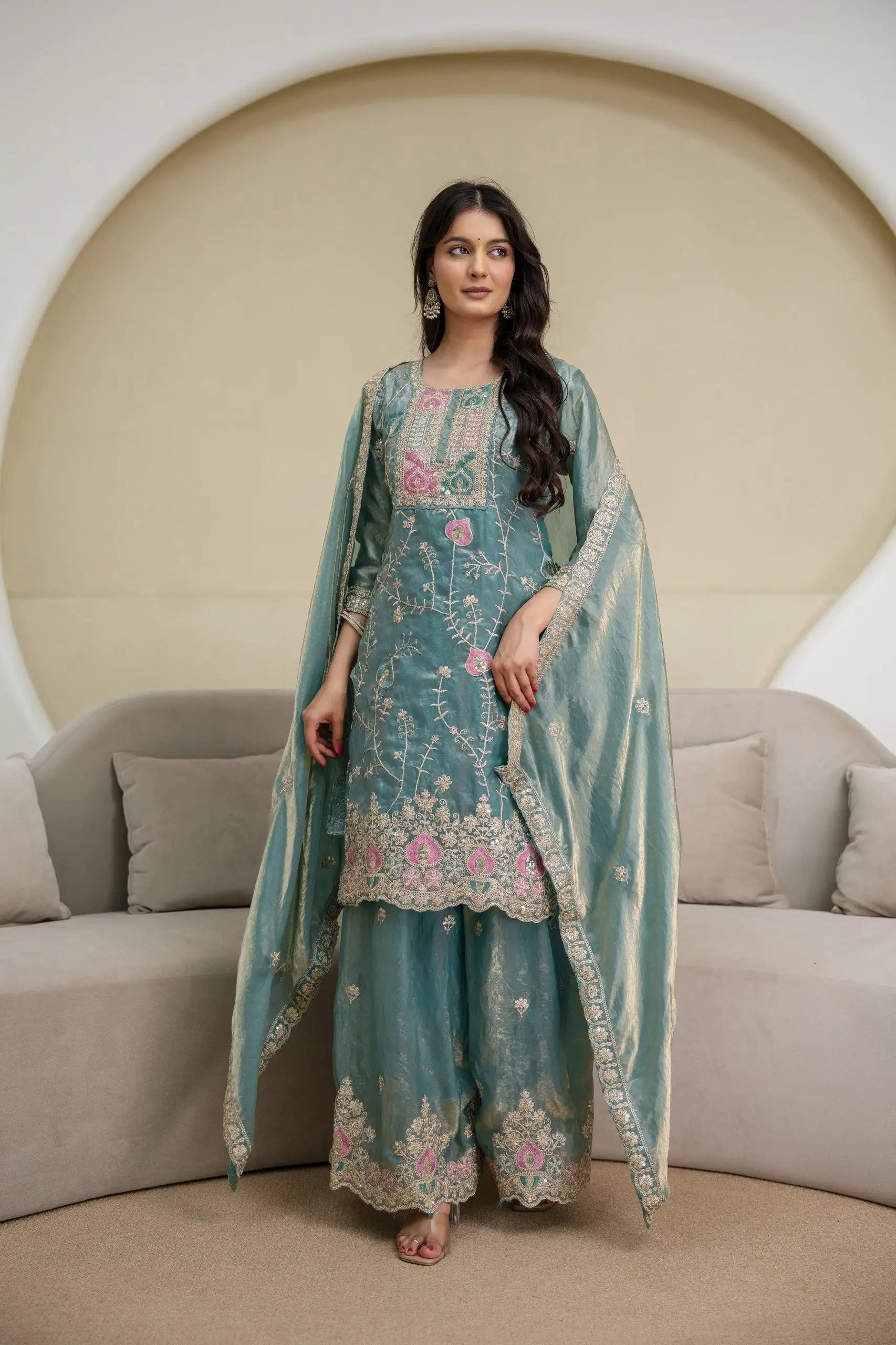Light Sea Green Sequins Embroidered Palazzo Suit KU253 three quarter angle