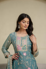 Light Sea Green Sequins Embroidered Suit KU253 model shot
