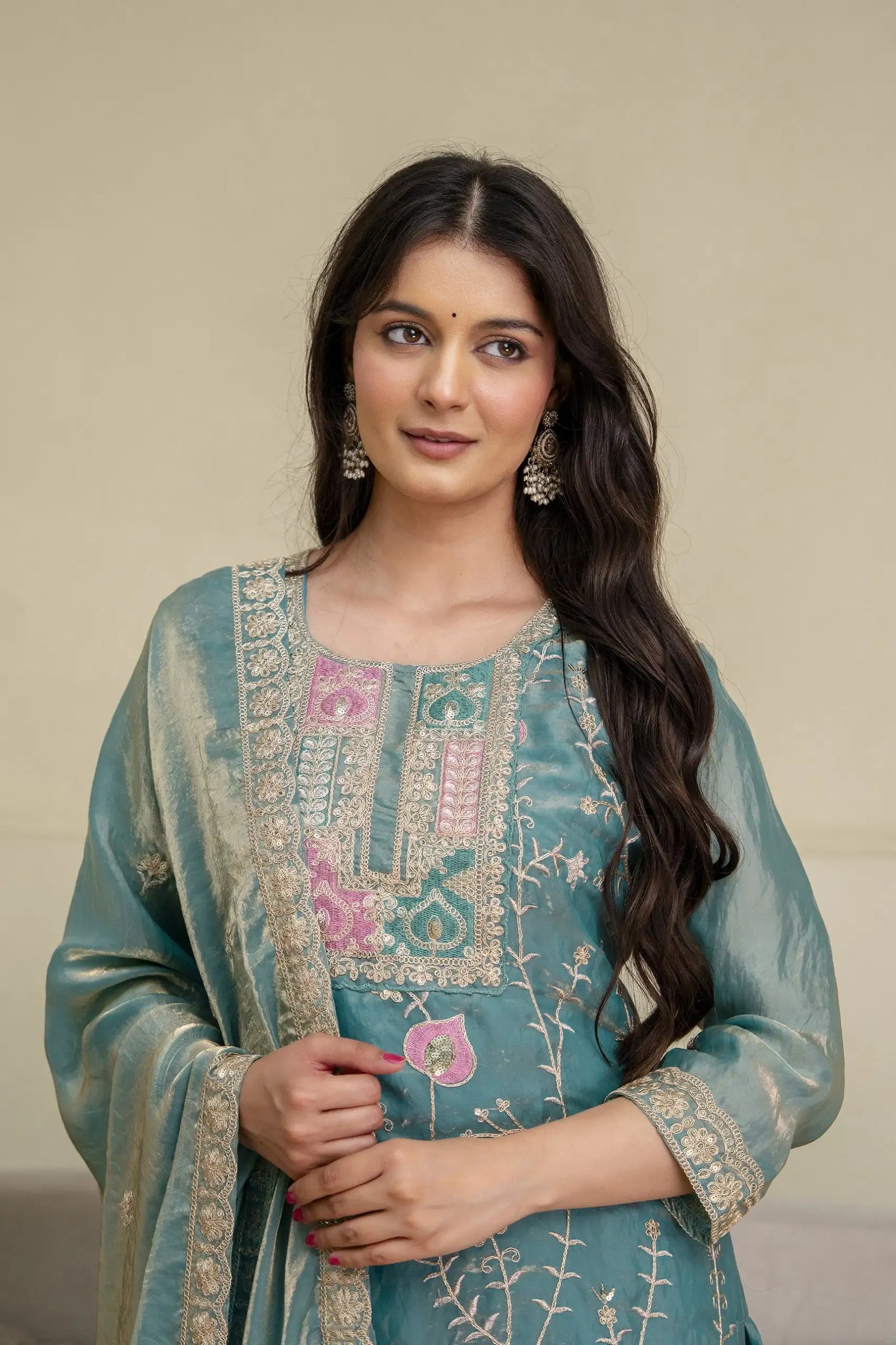Light Sea Green Fendy Silk Blend Suit KU253 seated full outfit view