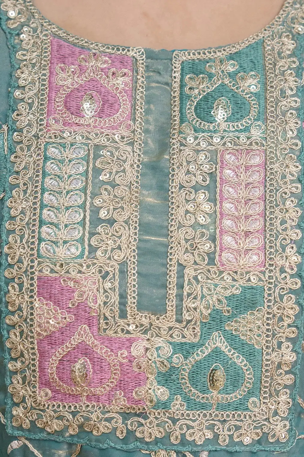 Light Sea Green Sequins Embroidered Suit KU253 seated pose