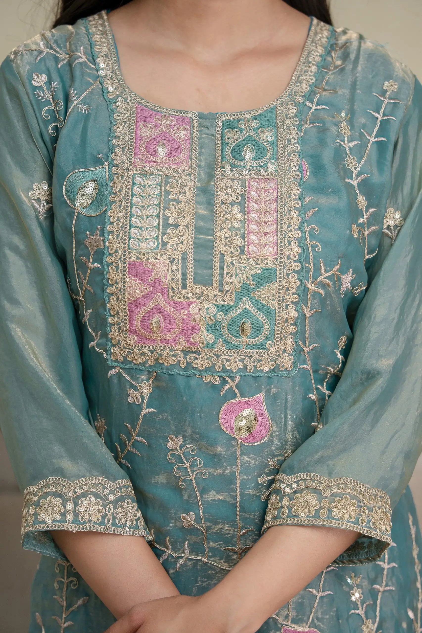 Light Sea Green Sequins Embroidered Palazzo Suit Kalyanja KU253 detail