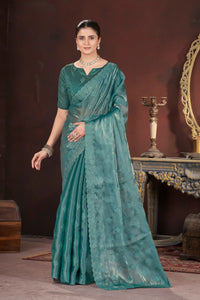 Light Sea Green Sequins Embroidered Saree – Silk Blend, Cut Work Border
