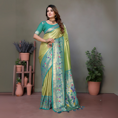 Woman wearing a lime green and blue silk saree with a floral-patterned pallu and pale turquoise border, paired with a contrasting teal blouse. She is accessorized with a choker necklace, bangles, and rings, posing elegantly in a modern studio with potted plants, terracotta vases, and minimalist wooden stands against a muted backdrop.
