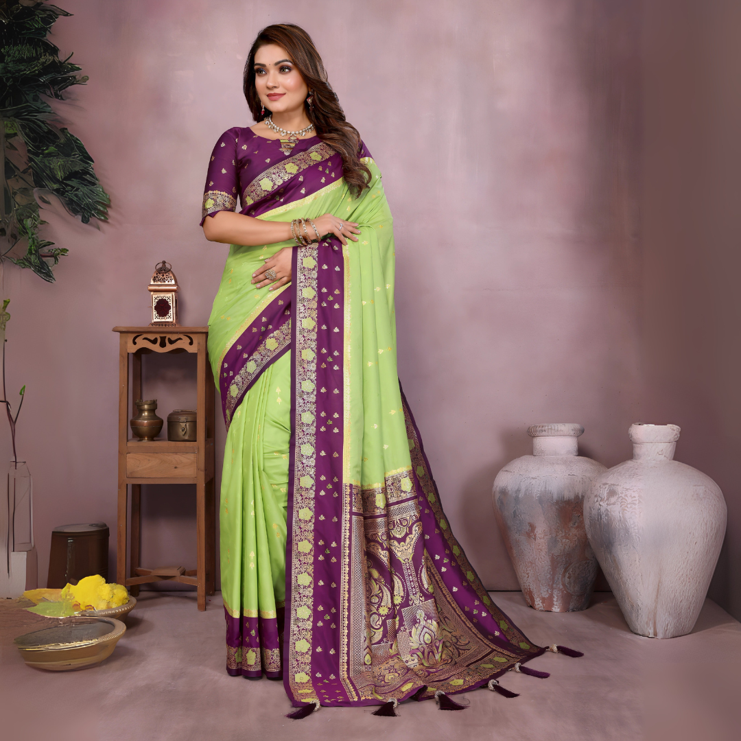 Pista Green Zari Woven Kalamkari Silk Saree