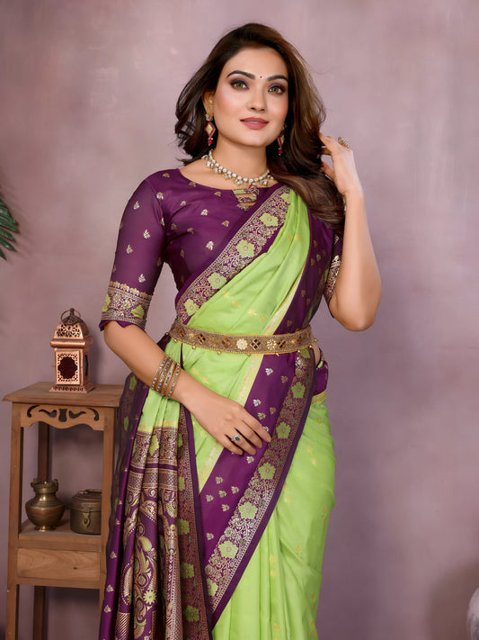 Pista Green Zari Woven Kalamkari Silk Saree