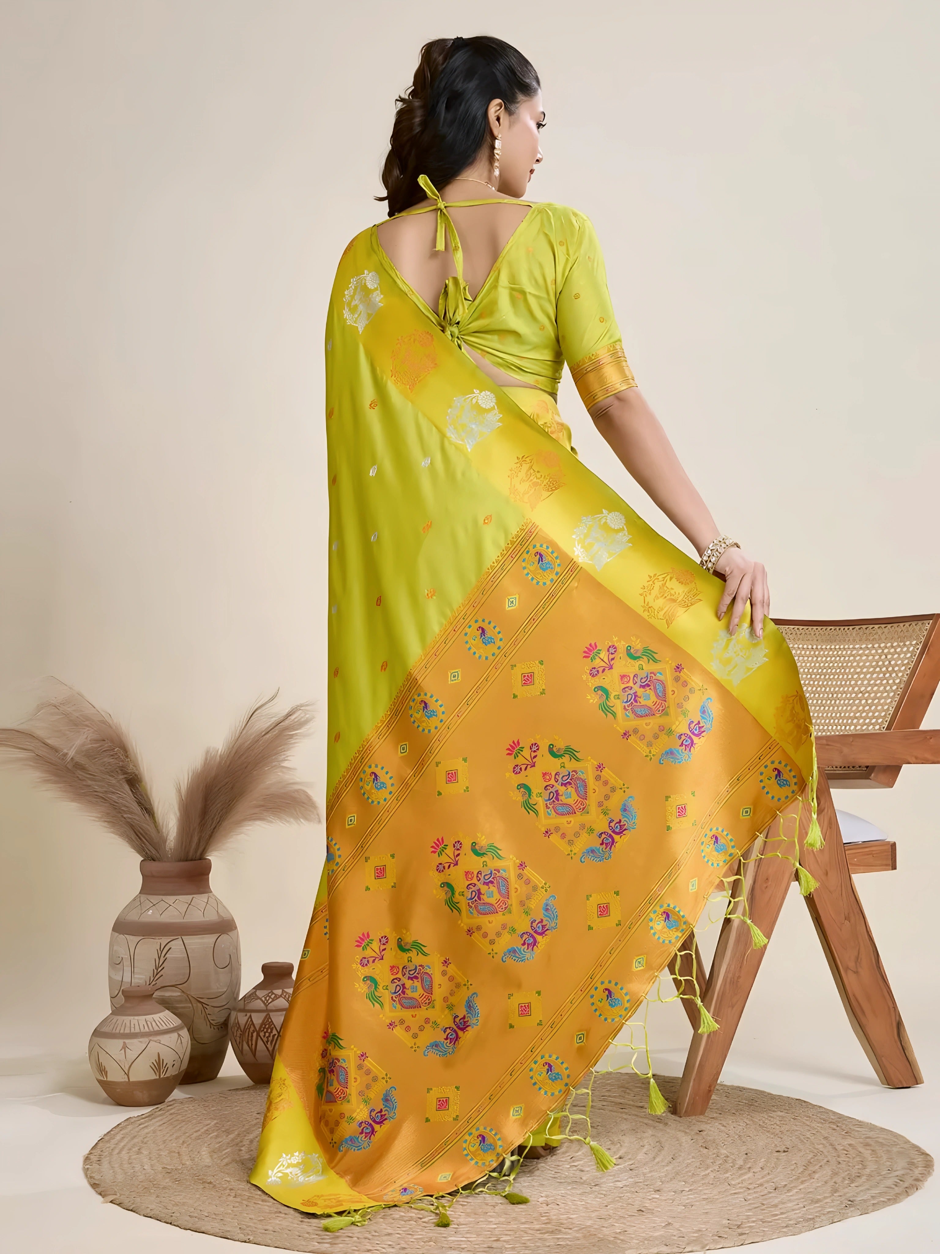 A woman models a luxurious Lime Green Soft Silk Saree. The saree features scattered metallic motifs and a wide pallu in contrasting yellow/gold, richly woven with multi-colored peacock and floral designs. She wears a matching lime green blouse and heavy gold Kundan jewelry, posing indoors.