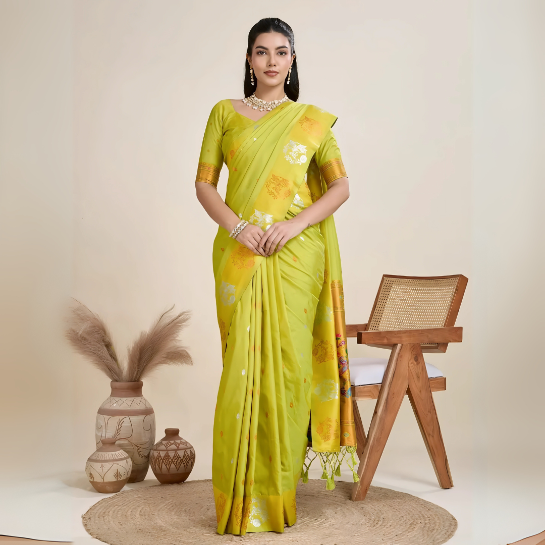 A woman models a luxurious Lime Green Soft Silk Saree. The saree features scattered metallic motifs and a wide pallu in contrasting yellow/gold, richly woven with multi-colored peacock and floral designs. She wears a matching lime green blouse and heavy gold Kundan jewelry, posing indoors.