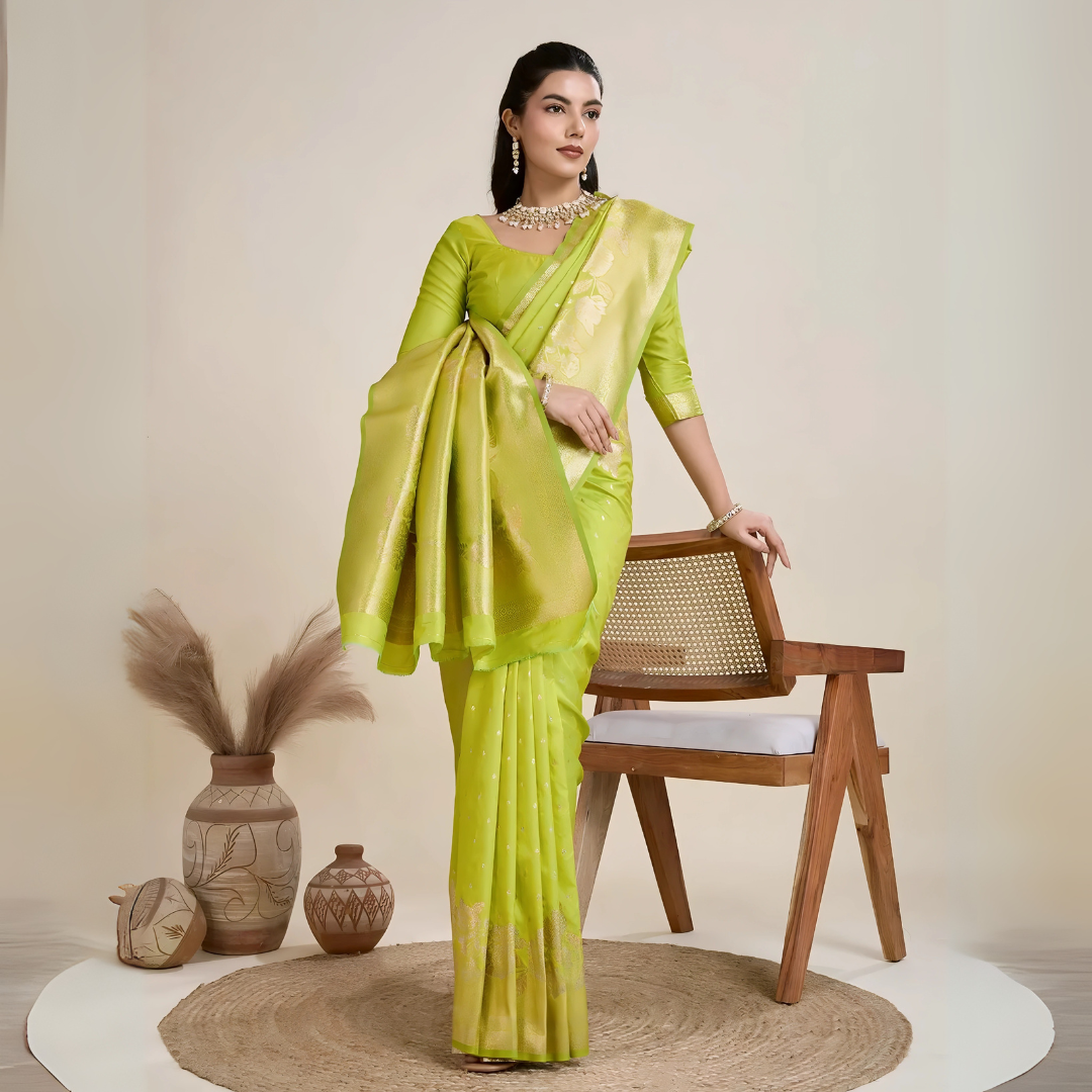 A woman models a luxurious Lime Green Soft Kanjivaram Silk Saree. The saree features striking large floral and scattered motifs woven in tone-on-tone green and gold Zari on the body and wide pallu. She wears a matching three-quarter sleeve green blouse and accessorizes with a heavy gold Kundan choker necklace and earrings.