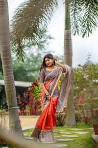 Dark Pastel Red Madhubani Print Soft Tusar Silk Saree
