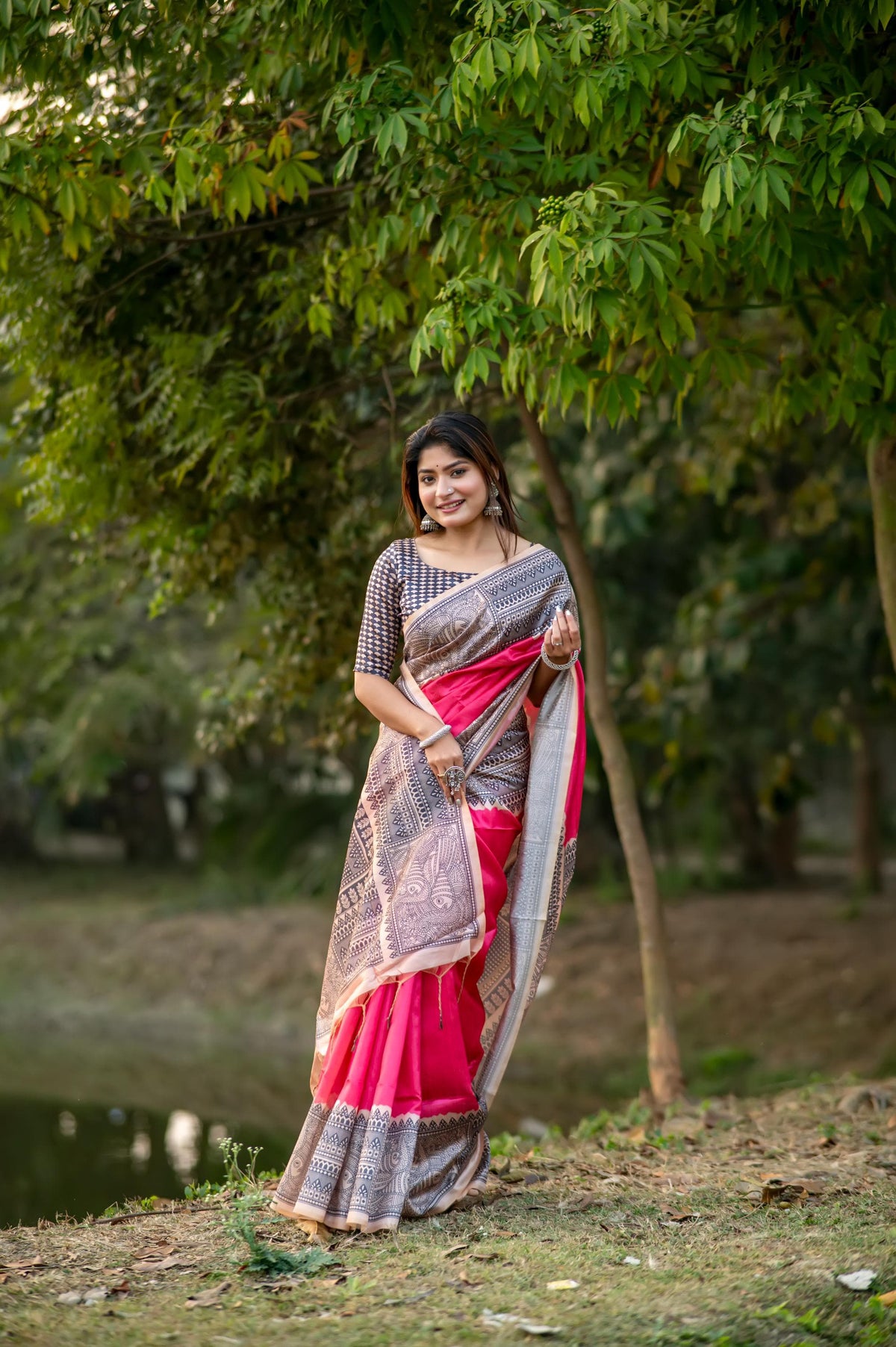 Dark Pink Madhubani Print Soft Tusar Silk Saree