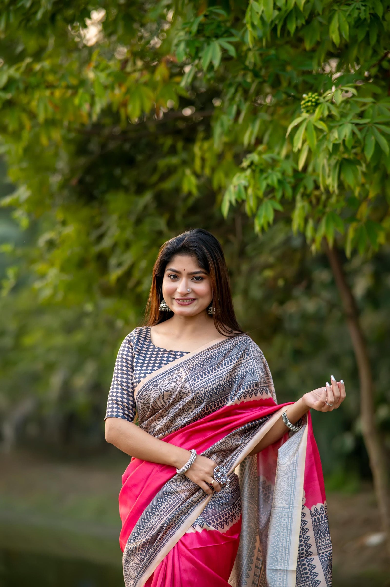 Dark Pink Madhubani Print Soft Tusar Silk Saree