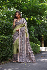 Olivine Madhubani Print Soft Tussar Silk Saree