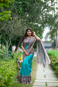 Teal Madhubani Print Soft Tusar Silk Saree