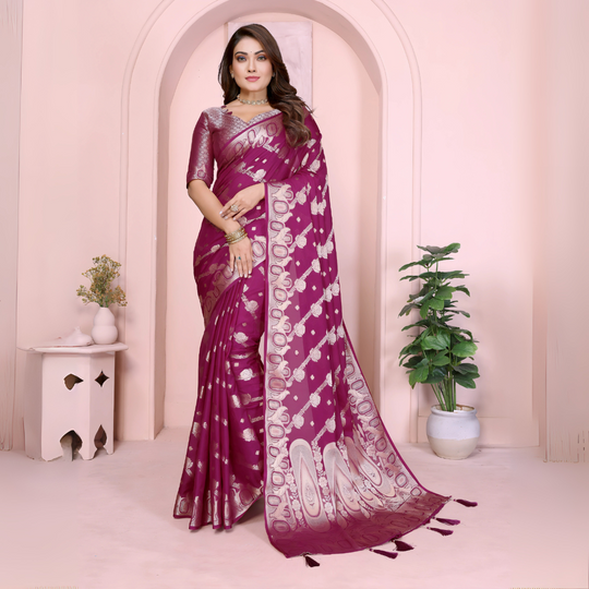 Wine Zari Weaving Soft Georgette Banarasi Silk Saree