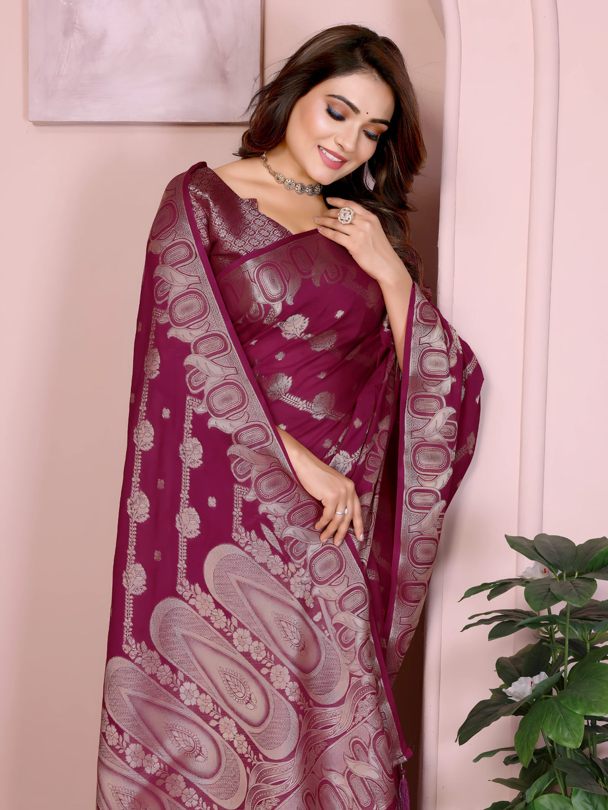 Wine Zari Weaving Soft Georgette Banarasi Silk Saree
