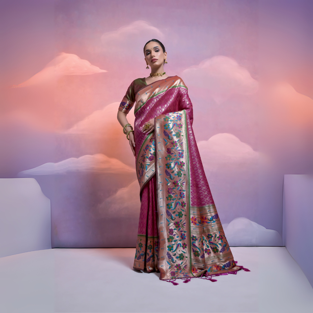 A woman models a luxurious Wine Red Soft Silk Saree with dense all-over weaving. The wide border and pallu feature heavy, multi-colored floral and figurative weaving in gold, green, blue, and pink threads. She wears a dual-toned blouse and heavy gold jewelry with green gemstone accents, posing against a scenic painted backdrop.