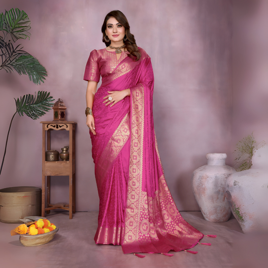 Woman wearing a rich magenta Banarasi silk saree with an ornate golden zari border and intricate woven motifs, paired with a matching short-sleeve blouse and traditional gold jewelry. She poses gracefully in a contemporary studio featuring large white pottery vases, a wooden stand with brass decorative items, a bowl of fresh marigolds, and green foliage, all set against a muted backdrop.