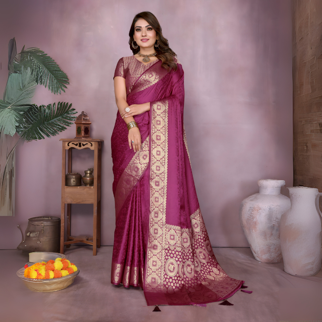  Woman wearing a rich magenta Banarasi silk saree with an ornate golden zari border and intricate woven motifs, paired with a matching short-sleeve blouse and traditional gold jewelry. She poses gracefully in a contemporary studio featuring large white pottery vases, a wooden stand with brass decorative items, a bowl of fresh marigolds, and green foliage, all set against a muted backdrop.