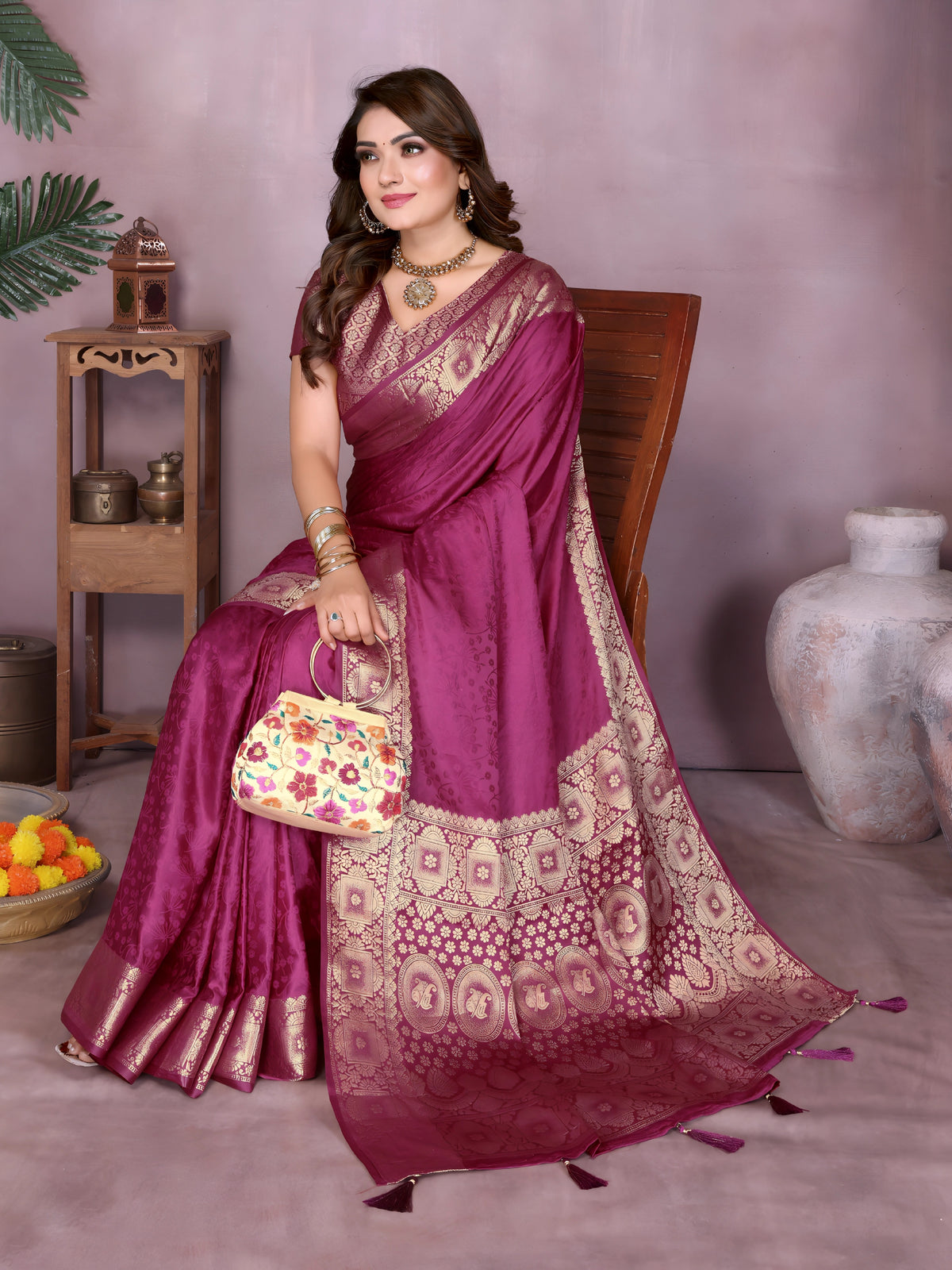  Wine Zari Weaving Soft Satin Silk Saree