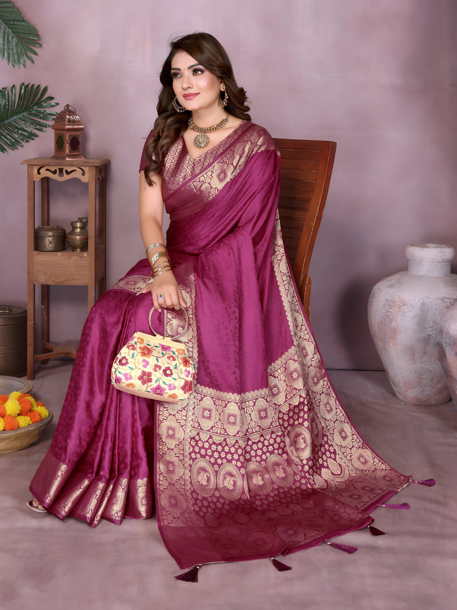  Wine Zari Weaving Soft Satin Silk Saree