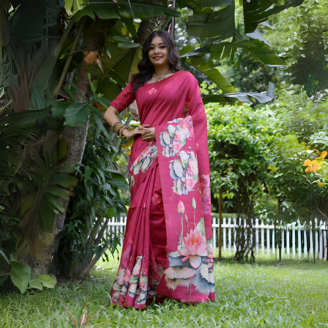 A woman models a stunning Deep Fuchsia Pink Soft Tussar Silk Saree. The saree features a large-scale digital print of colorful floral and lotus motifs in light pink, white, blue, and green on the pallu and lower drape. She wears a matching short-sleeve pink blouse and a gold choker necklace, posing outdoors in a garden setting.