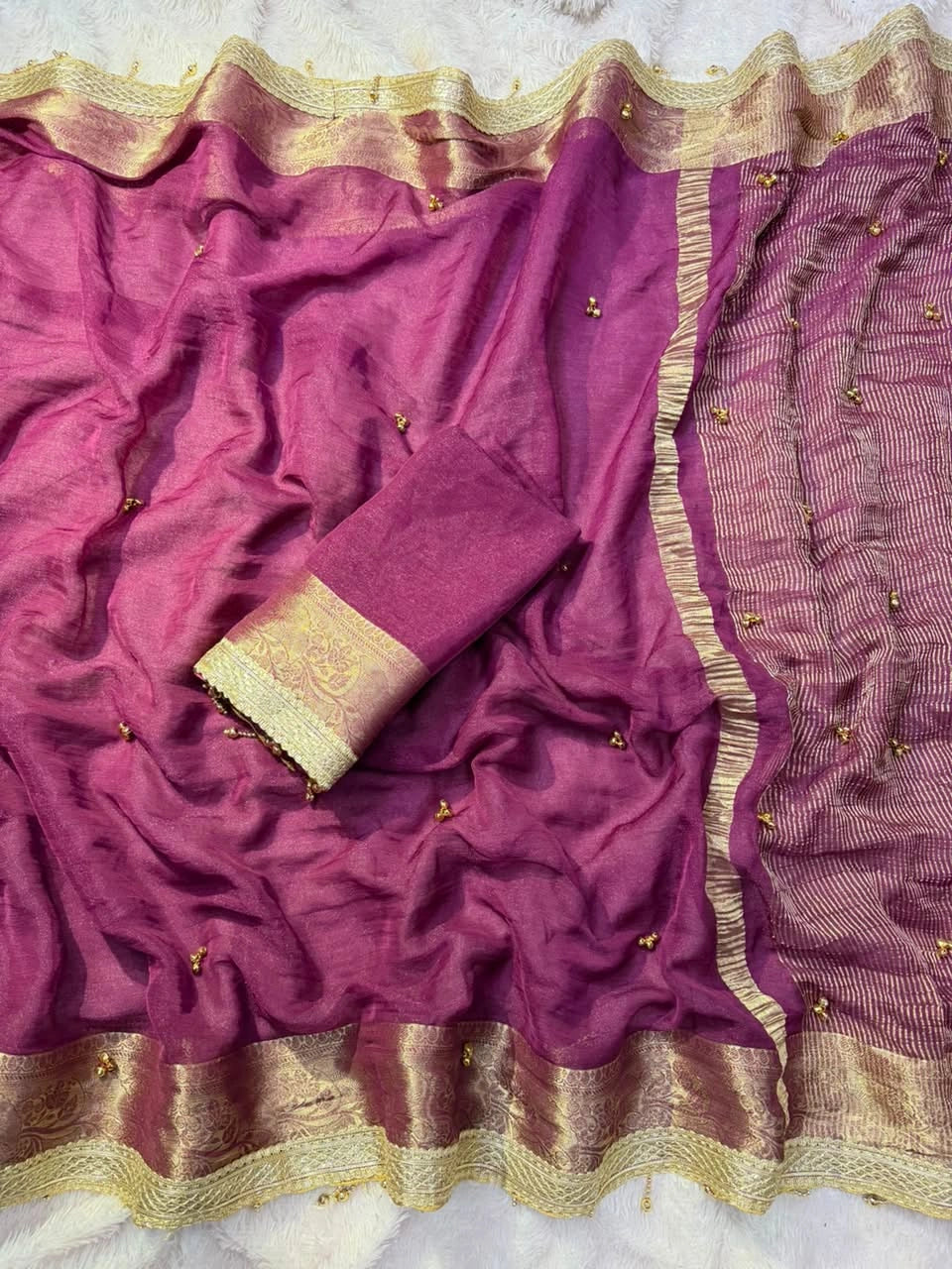 Magenta Ghungroo Work with Fancy Moti Lace Saree – full drape view