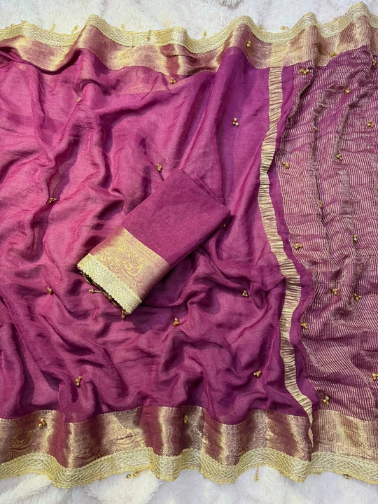 Magenta Ghungroo Work with Fancy Moti Lace Saree – full drape view