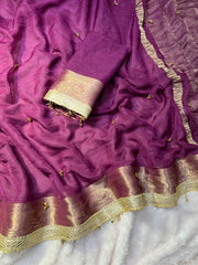 Magenta fendy chiffon saree with moti lace border and blouse piece