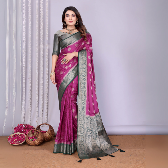 Wine Grey Zari Weaving Satin Silk Saree