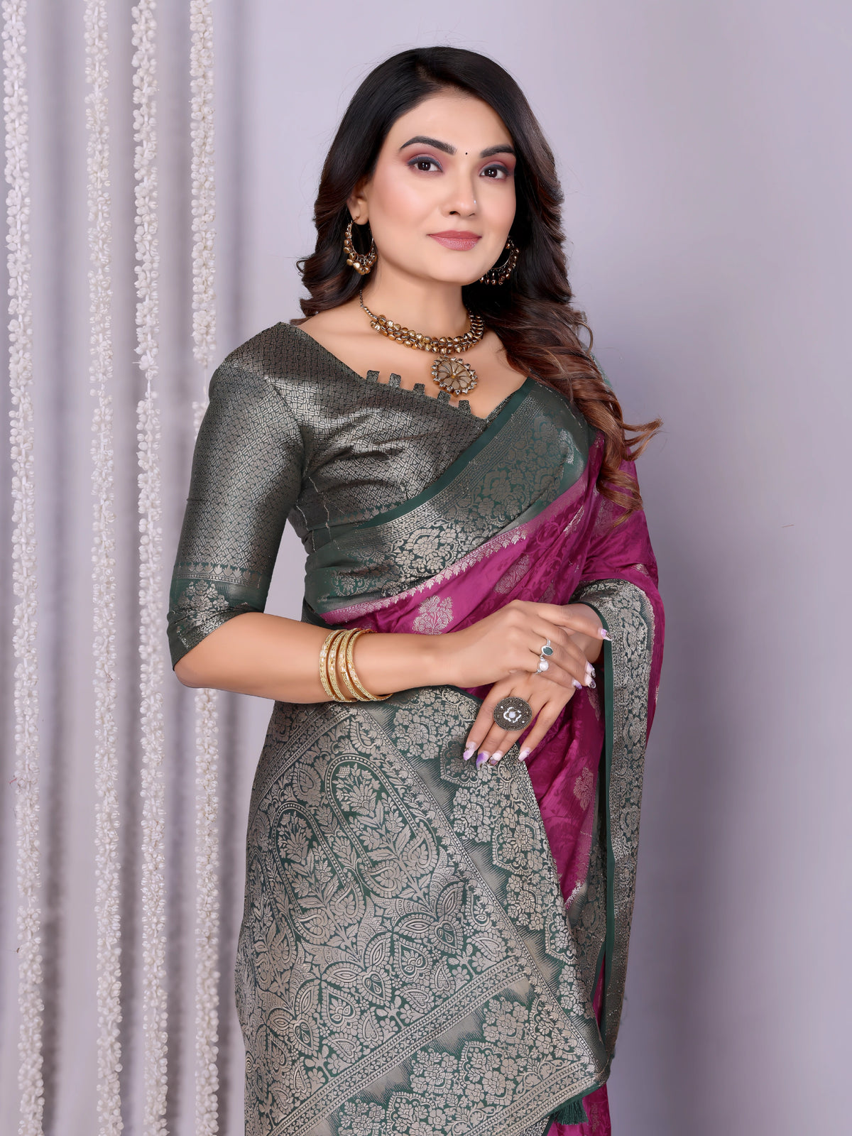 Wine Grey Zari Weaving Satin Silk Saree