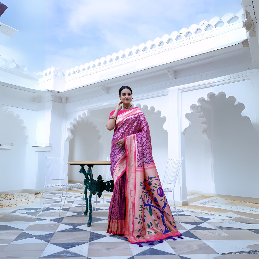 A woman models a vibrant Royal Purple Soft Silk Saree. The saree body features subtle woven patterns. It has a striking light pink contrast border with gold Zari. The pallu is a focal point, featuring rich, artistic Paithani-style print or weaving of colorful bird-on-branch motifs. She wears a fuchsia pink blouse and traditional gold jewelry, posing on an ornate white terrace.